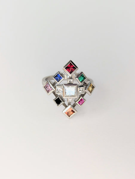 Platinum Multicoloured Precious Stones Ring, Size M