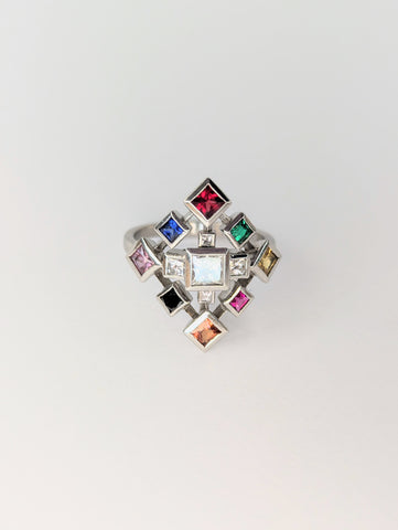 Platinum Multicoloured Precious Stones Ring, Size M