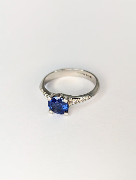 Platinum Blue Sapphire and Diamond Ring, Size N