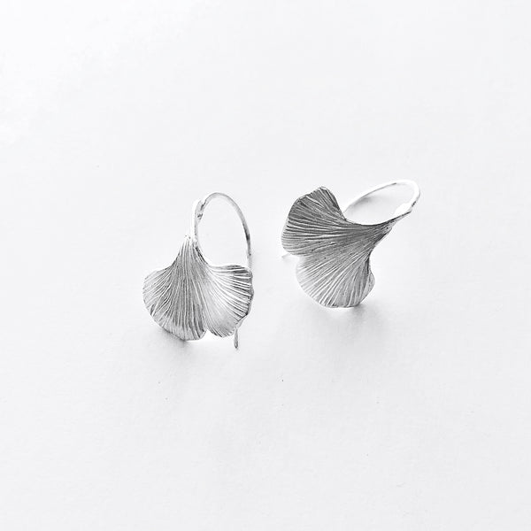 Handmade ginkgo leaf hook earrings Sterling silver 20mm wide-David Smith Jewellery