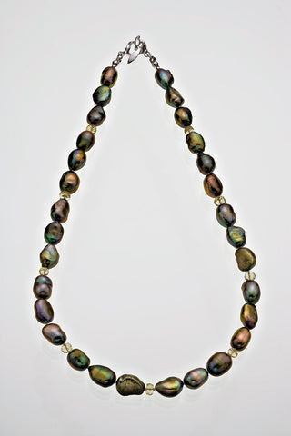 Freshwater Pearl Pale Tourmaline Bead Necklace Sterling Silver Leaf Catch - David Smith Jewellery