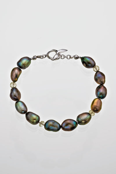 Freshwater Peacock Pearl Tourmaline Bead Bracelet 7 1/2" Sterling Silver Leaf Catch - David Smith Jewellery
