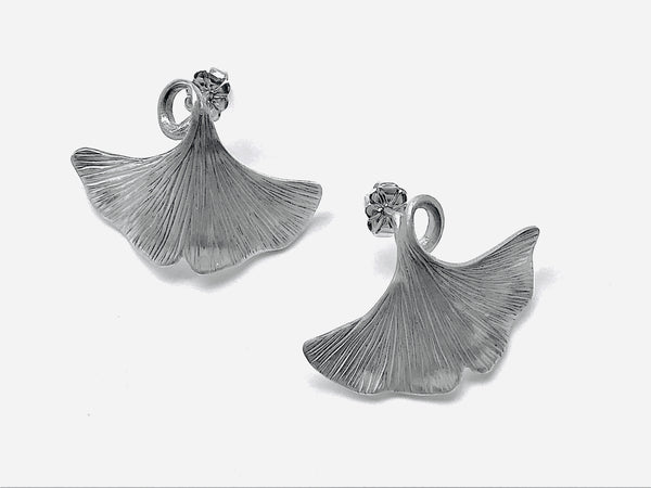 Handmade Sterling Silver Ginkgo studs hand engraved 30x19mm post and scrolls - David Smith Jewellery
