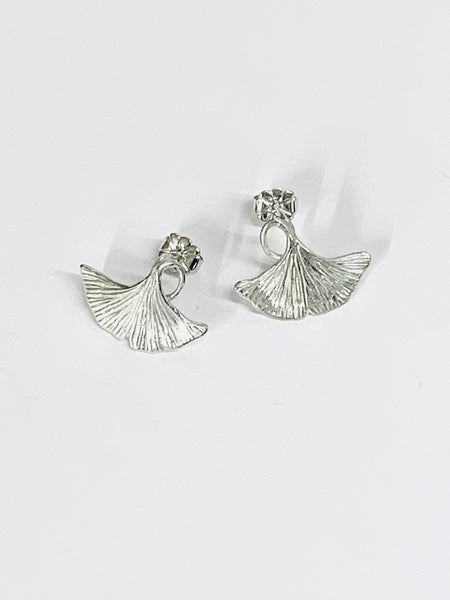 Ginkgo Leaf Small Stud Earrings Handmade Sterling Silver Hand Engraved H15mmxW19.1mm - David Smith Jewellery 