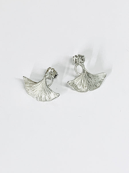 Ginkgo Leaf Small Stud Earrings Handmade Sterling Silver Hand Engraved H15mmxW19.1mm - David Smith Jewellery