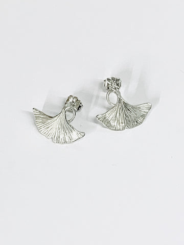 Ginkgo Leaf Small Stud Earrings Handmade Sterling Silver Hand Engraved H15mmxW19.1mm - David Smith Jewellery 