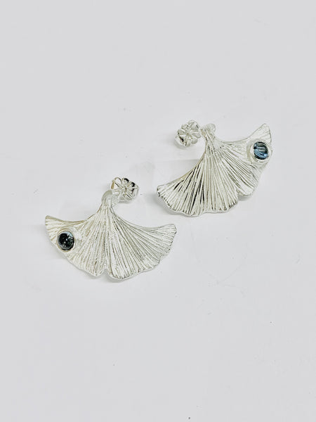 Ginkgo Leaf Stud Earrings Handmade Sterling Silver Hand Engraved Bezel Set London Blue Topaz 4mm Diameter H17.9xW27.15mm - David Smith Jewellery