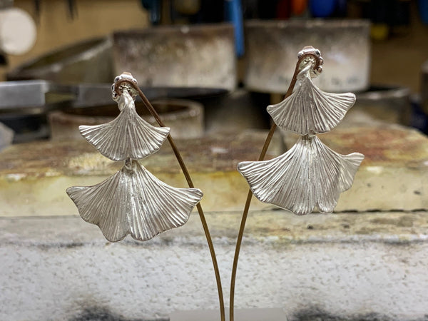 Ginkgo Leaf Double Drop Stud Earrings Handmade Sterling Silver Hand Engraved H30.6mm W28.9mm - David Smith Jewellery