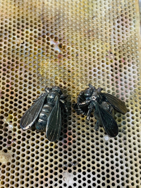 Large Bee Stud Earrings Black Rhodium Sterling Silver 19.3mm x 14.9mm - David Smith Jewellery
