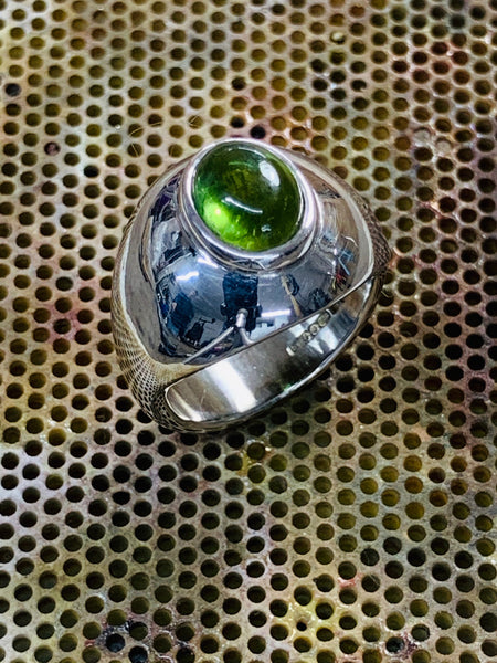 High Domed Ring Sterling Silver Bezel Set Peridot Cabochon 8mm x 6mm - David Smith Jewellery