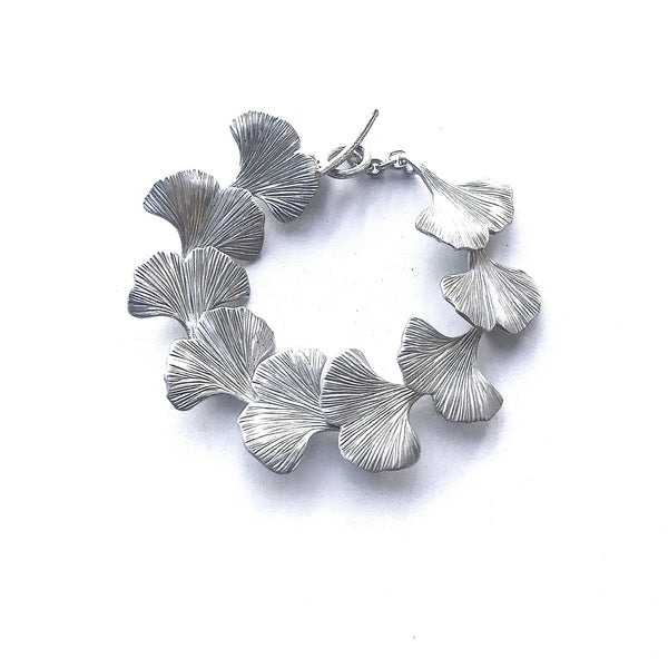 Ginkgo Leaf Sterling Silver Handmade Hand Engraved Bracelet T-bar Catch - David Smith Jewellery