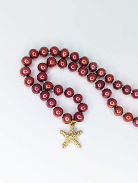 Cranberry Freshwater Pearl Necklace with Gold Starfish Pendant