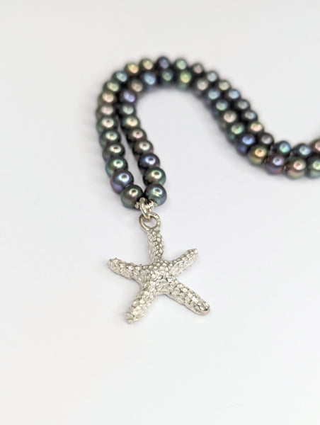 Dark Peacock Freshwater Pearl Necklace with Sterling Silver Starfish Pendant