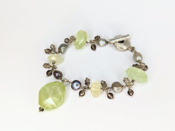 Prehnite, Freshwater Pearl and Smoky Quartz Bracelet