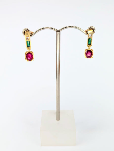 Fine Ruby, Emerald, Diamond and 18ct Yellow Gold Earrings