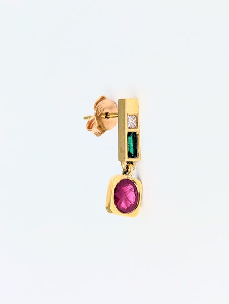 Fine Ruby, Emerald, Diamond and 18ct Yellow Gold Earrings