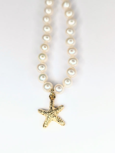 White Freshwater Pearl Necklace with Gold Starfish Pendant