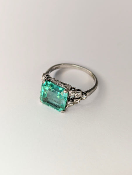 Vintage handmade Emerald Diamond Platinum Ring, Size N 1/2