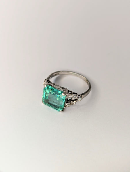 Vintage handmade Emerald Diamond Platinum Ring, Size N 1/2