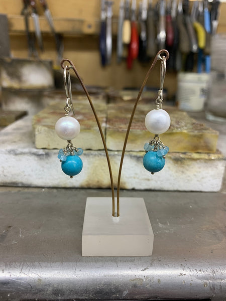 Turquoise, Freshwater Pearl, Apatite and Sterling Silver Earrings