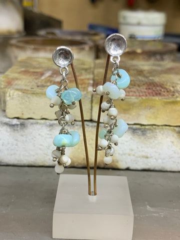 Blue Opal, Mother of Pearl and Sterling Silver Earrings
