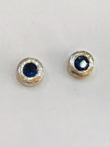 Sapphire 4mm Round Faceted Silver Stone Set Stud Earrings 7mm Post and Scroll - David Smith Jewellery