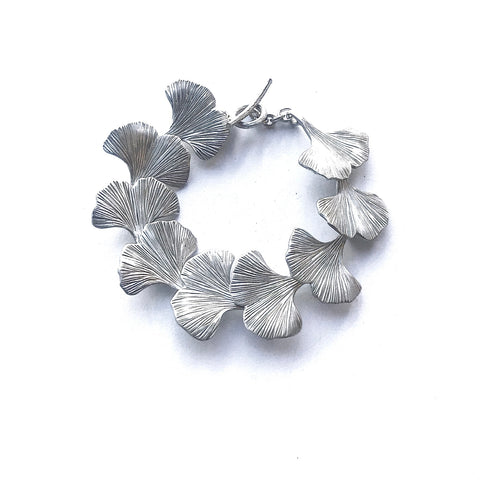 Ginkgo Leaf Bracelet Sterling Silver Bracelet T-bar Catch Handmade Hand Engraved - David Smith Jewellery