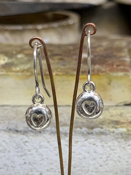 Sterling silver heart nugget drop earrings on hooks 7mm nugget - David Smith Jewellery