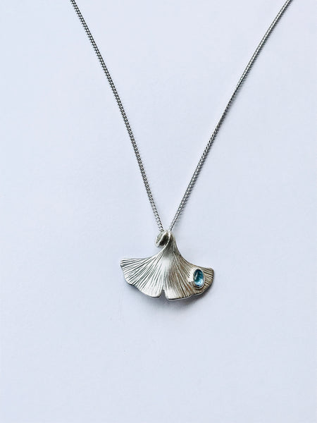 Ginkgo leaf pendant 35x25mmSterling Silver oval blue topaz cabochon 18”/45cm curb chain-David Smith Jewellery 