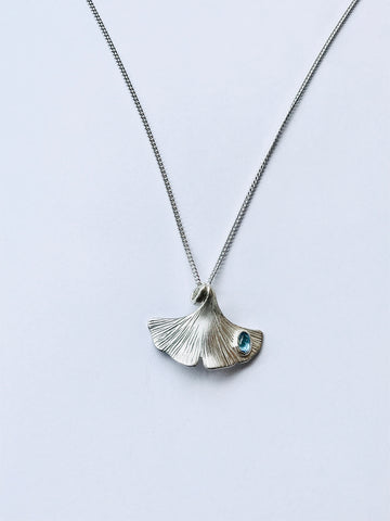 Ginkgo leaf pendant 35x25mmSterling Silver oval blue topaz cabochon 18”/45cm curb chain-David Smith Jewellery