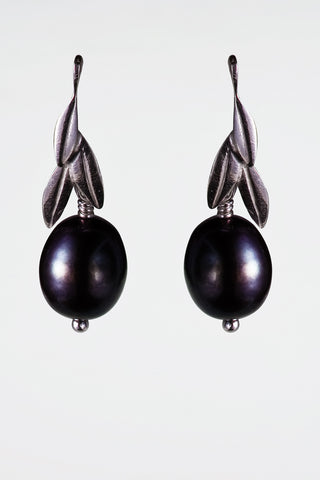 Dark peacock freshwater pearl drop earrings olive leaves Sterling silver post and scrolls pearl 13mm - David Smith Jewellery