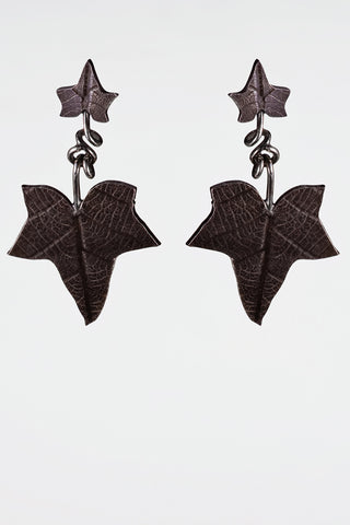 Sterling Silver Ivy Leaf Drop Earrings Studs Gothic Victorian Oxidised Finish - David Smith Jewellery