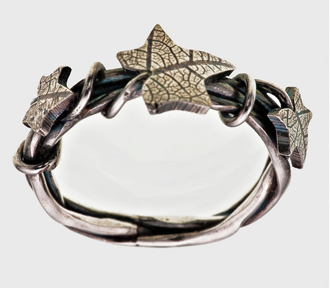 Sterling Silver Plaited Overgrown Ivy Leaf Ring Three Leaf Victorian Gothic Oxidised Finish - David Smith Jewellery