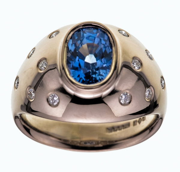 High Dome Platinum Ring Bezel Set Oval Sapphire Flush Set Brilliant Cut Diamond Shoulders - David Smith Jewellery