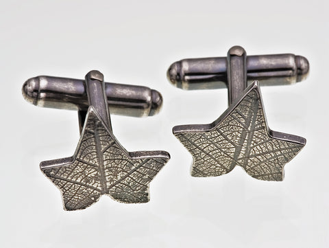 Sterling Silver Pair of Cufflinks Ivy Leaf Imprinted Texture Gothic Victorian Oxidised Finish - David Smith Jewellery