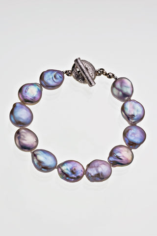 Freshwater Button Pearl Bracelet 7 1/2" Sterling Silver Signature Catch Bar Hoop - David Smith Jewellery