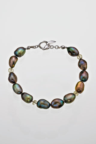 Freshwater Peacock Pearl Tourmaline Bead Bracelet 7 1/2" Sterling Silver Leaf Catch - David Smith Jewellery