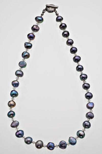 Freshwater Peacock Pearl Tourmaline Bead Alternating Necklace Sterling Silver Signature Catch 16" 18" - David Smith Jewellery