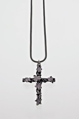 Sterling Silver Ivy Leaf Overgrown Plaited Cross Pendant on Silver Chain Gothic Victorian Oxidised Finish - David Smith Jewellery 