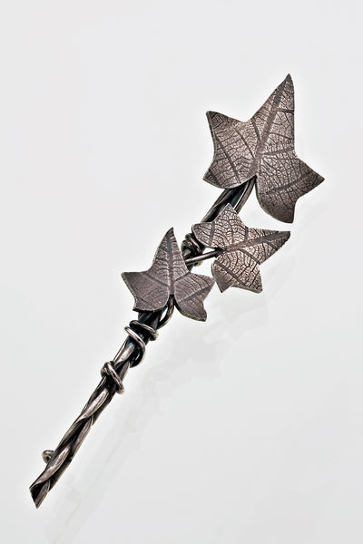Sterling Silver Ivy Leaf Large Brooch Plaited Gothic Victorian Oxidised Finish - David Smith Jewellery