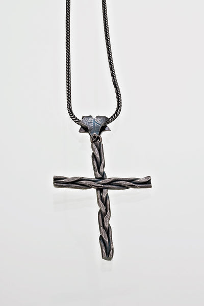 Sterling Silver Plaited Cross Pendant Ivy Leaf Bail with Silver Chain Gothic Victorian Oxidised Finish - David Smith Jewellery