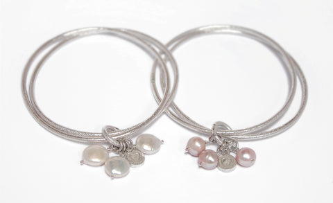 Sterling Silver Double Bangle Heart Nugget Button Pearl Natural Pink - David Smith Jewellery