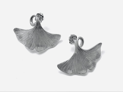 Handmade Sterling Silver Ginkgo studs hand engraved 30x19mm post and scrolls - David Smith Jewellery 