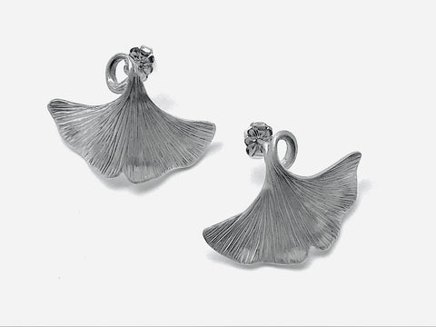 Handmade Sterling Silver Ginkgo studs hand engraved 30x19mm post and scrolls - David Smith Jewellery