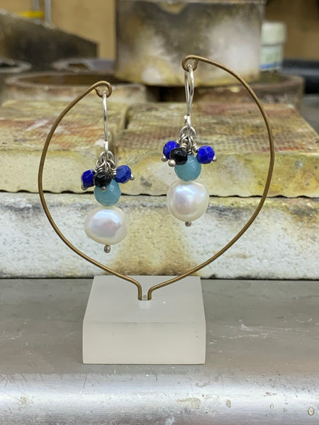 Pearl, Amazonite, Lapis Lazuli, Onyx and Sterling Silver drop Earrings
