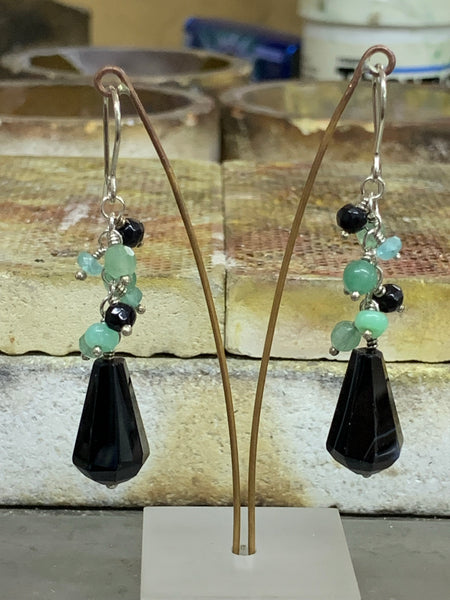 Banded Agate, Apatite, Chrysoprase, Onyx, Phrenite, Tourmaline and Sterling Silver Drop Earrings