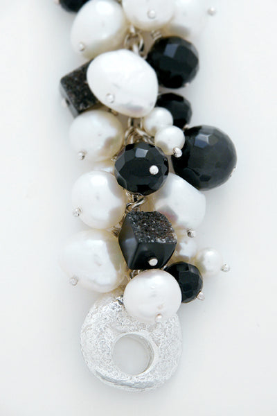 White Freshwater Pearl Black Onyx Bead Signature Sterling Silver Catch - David Smith Jewellery