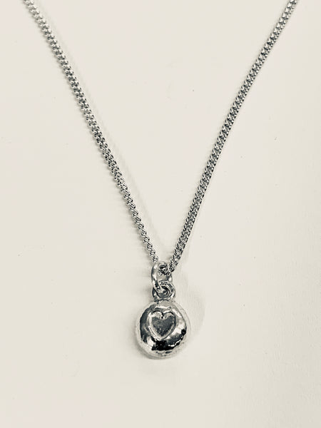 Heart Nugget Sterling Silver Pendant 7mm Diameter Curb Chain 16” 18”-David Smith Jewellery 