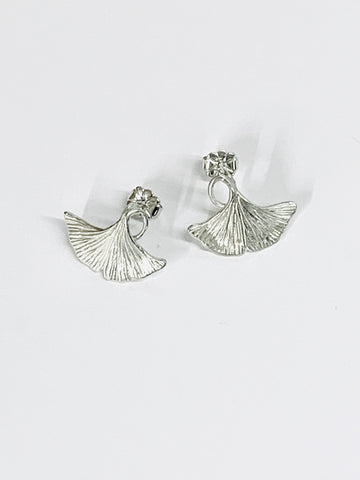 Ginkgo Leaf Small Stud Earrings Handmade Sterling Silver Hand Engraved H15mmxW19.1mm - David Smith Jewellery