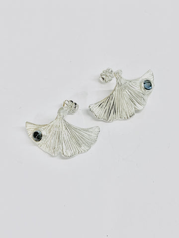 Ginkgo Leaf Stud Earrings Handmade Sterling Silver Hand Engraved Bezel Set London Blue Topaz 4mm Diameter H17.9xW27.15mm - David Smith Jewellery